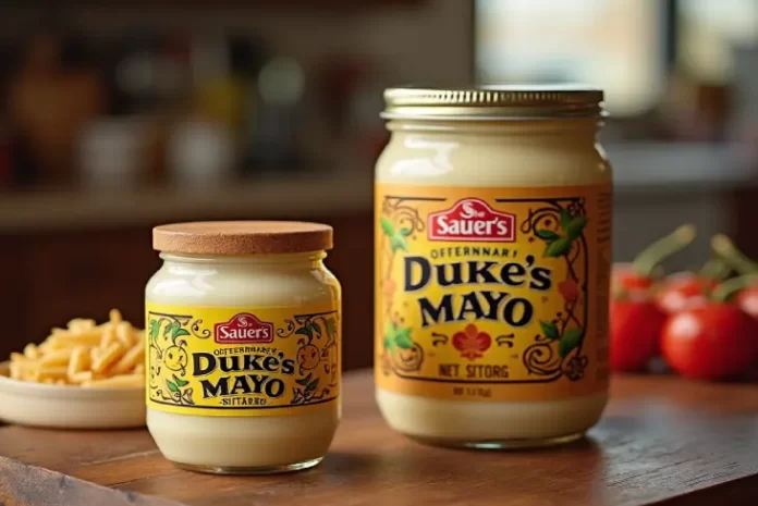 Jar of Duke's Mayonnaise, a popular sauer condiment nyt product, next to a football.