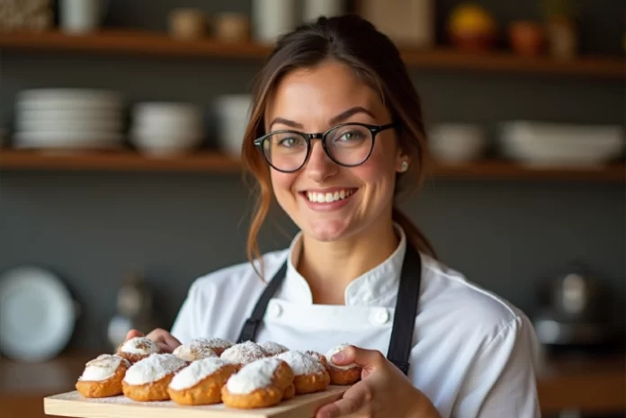 Cannoli Queen Qmanda Labollita crafting her famous Italian pastries in her bakery kitchen.